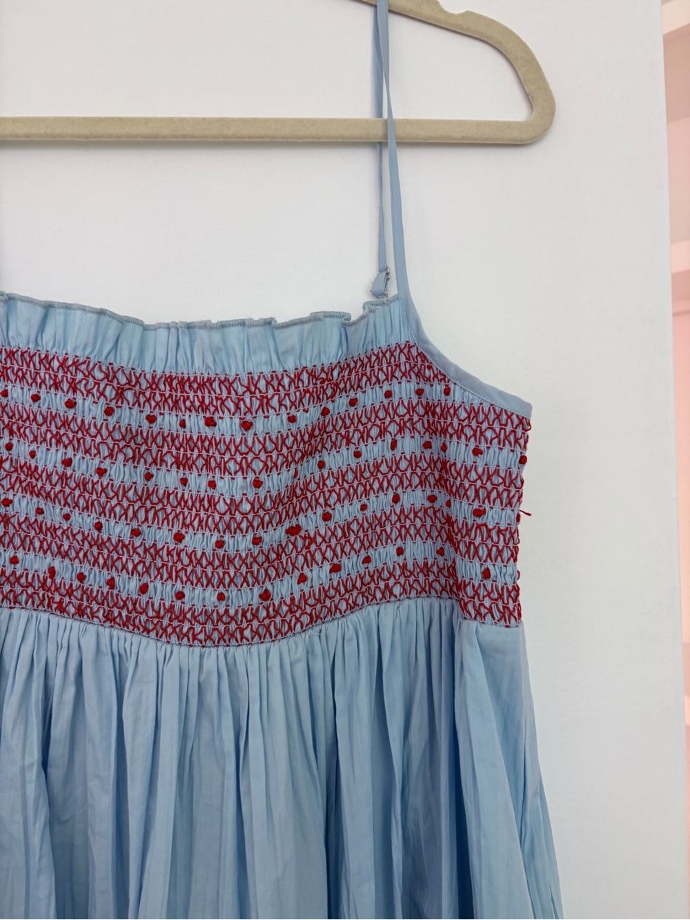 J. Crew Light Blue Dress with Red Smocked Detail - Picture 3 of 4
